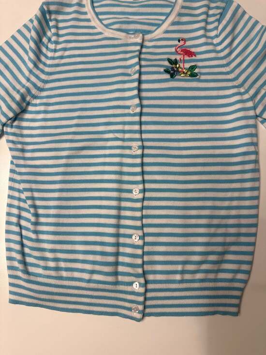 Talbots Blue and White Striped Button-Up Cardigan with Flamingo Embroidery - Picture 4 of 6